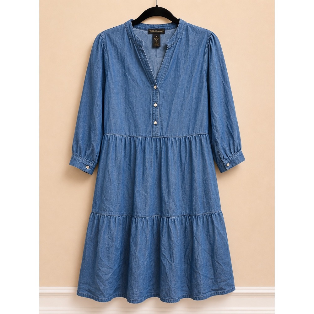 Millenium Womens Denim Tiered Midi Dress Blue Cotton V-Neck L 6029M115MB